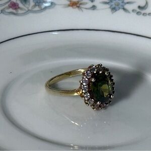Womens ring size 6 Gold over 925 Sterling silver Green Crystal CZ Halo Ring